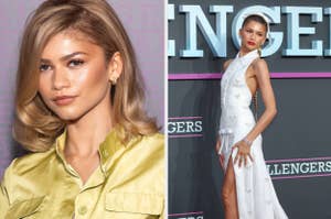 Zendaya in a stylish sleeveless white dress with embellishments, posing at an event