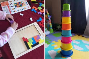 Child's hands playing with a wooden puzzle, and a colorful stacking toy on a play mat