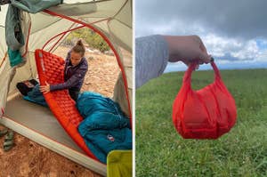 on the left an inflatable sleeping pad, on the right a sea to summit roll-top bag