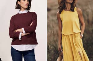 Two models showcasing casual attire; left in layered sweater and shirt, right in a yellow sleeveless top with a flowing skirt