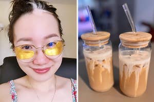 reviewer wearing under eye gels / two iced coffees in glass jars with bamboo lids and straws