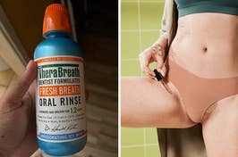 reviewer holding bottle of therabreath oral rinse and model applying fur oil to inner thigh