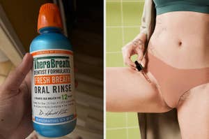 reviewer holding bottle of therabreath oral rinse and model applying fur oil to inner thigh