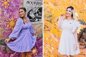 Two women posing in stylish dresses, the left in a purple dress, the right in a white dress with nature backdrops