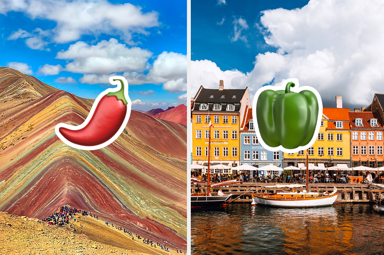 Left: Hikers on the Rainbow Mountain trail. Right: Busy quayside market by the water with boats. Overlaid: a chili pepper and a green pepper.