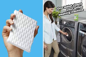 Advertisement for a washing machine cleaning tablet held by a woman next to a washer