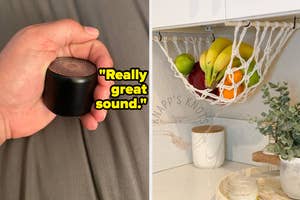 Person holding a small black speaker with quote "Really great sound." Next to a hanging fruit net in a kitchen setting