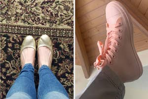Person wearing gold ballet flats on patterned rug and pink high-top sneakers in separate side-by-side photos