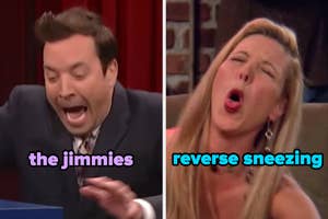 On the left, Jimmy Fallon opening his mouth labeled the jimmies, and on the right, Phoebe from Friends opening her mouth and closing her eyes labeled reverse sneezing