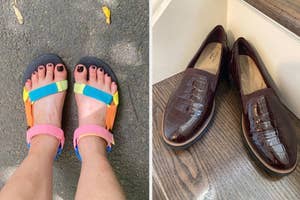 Two pairs of shoes side-by-side: simple sandals and classic loafers