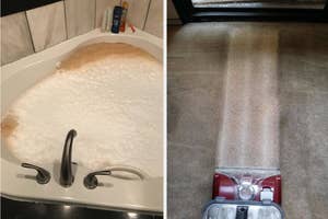 Side-by-side images of an overflowing bubble bath and a carpet being cleaned with a vacuum
