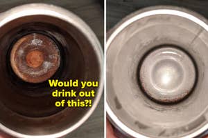 Before and after comparison of a mug's interior, left side showing heavy stains and right side cleaned "Would you drink out of this"
