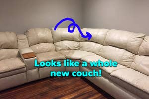 a reviewer's couch with one side clean and way lighter "looks like a whole new couch"