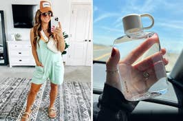 Left: omdel in casual romper and hat takes selfie. Right: Hand holds a clear, square water bottle