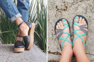 Two different styles of sandals on feet, one with a platform heel, the other strappy and flat