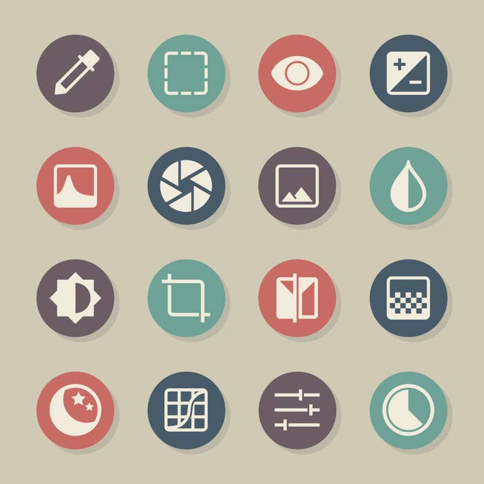 Set of 16 flat design icons for various concepts like technology, photography, and media