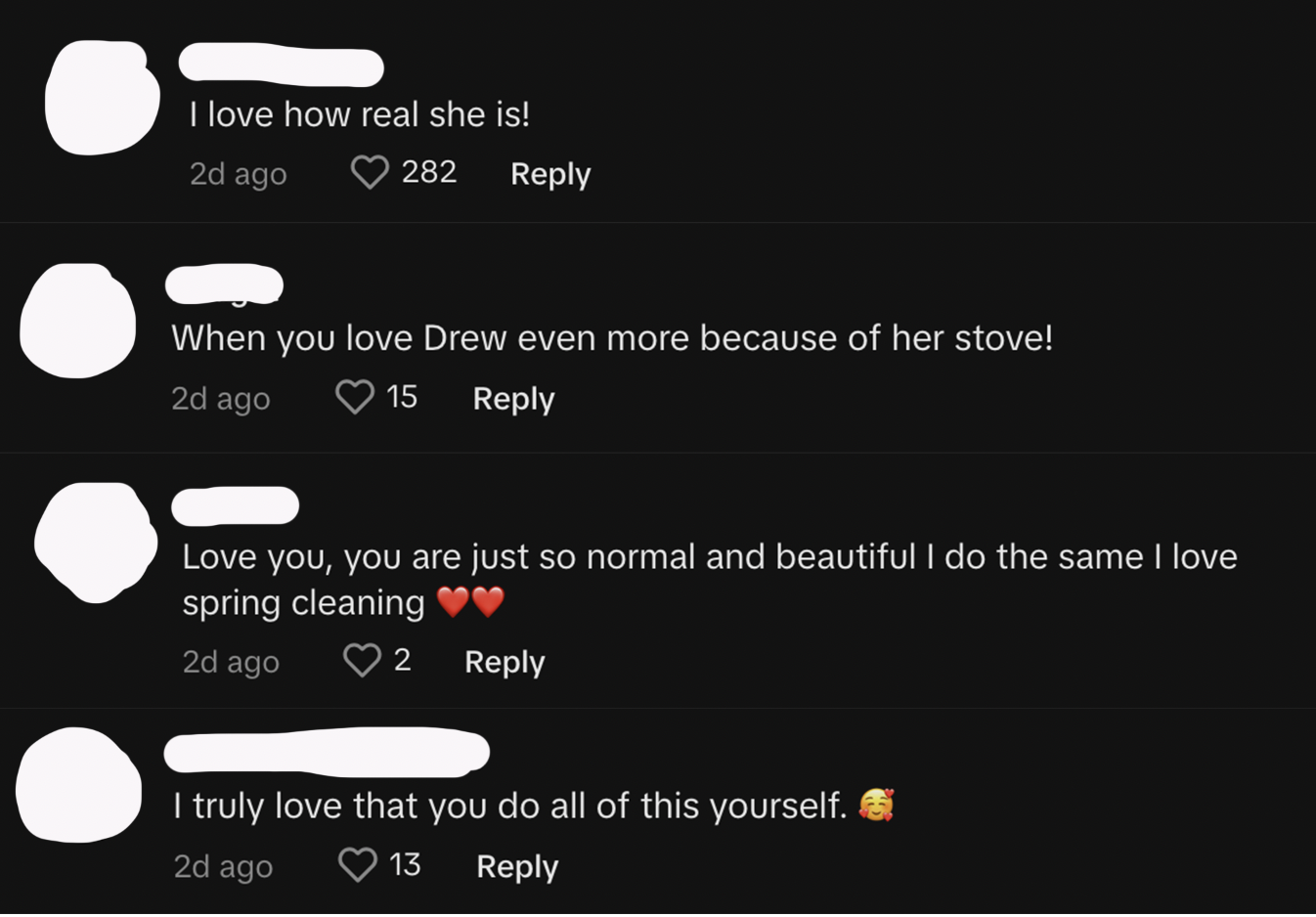 Four social media comments praising Drew&#x27;s authenticity and relatability