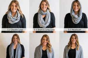 model wearing travel scarf with hidden pockets in six different ways