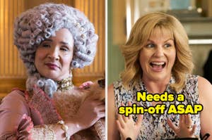 Side-by-side images of two TV characters, one in historical costume, the other in modern dress, with text "Needs a spin-off ASAP"