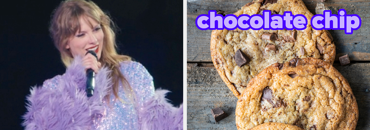 On the left, Taylor Swift performing on stage at the Eras Tour, and on the right, some chocolate chip cookies
