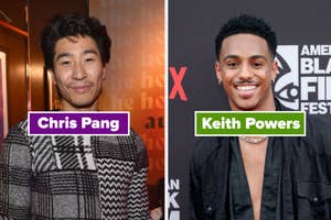 Chris Pang in a patterned jacket at an event; Keith Powers in a black outfit with a chain necklace