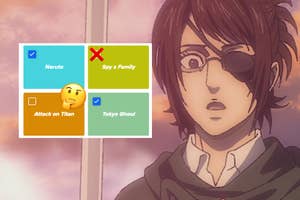 Character with eye patch from "Attack on Titan" expressing surprise. Overlaid image of "Naruto," "Spy x Family," "Attack on Titan," and "Tokyo Ghoul" text.