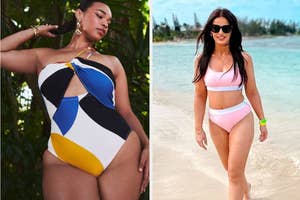 (left) color block one piece (right) pink and white bikini