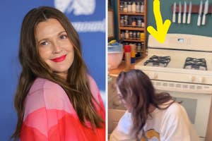 Drew Barrymore wearing a red and pink dress; inset shows her cooking in a kitchen