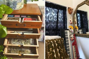 Two side-by-side home interiors: left, an open wooden sewing box with labeled drawers; right, a tall mirror reflecting quirky masks and a keyboard
