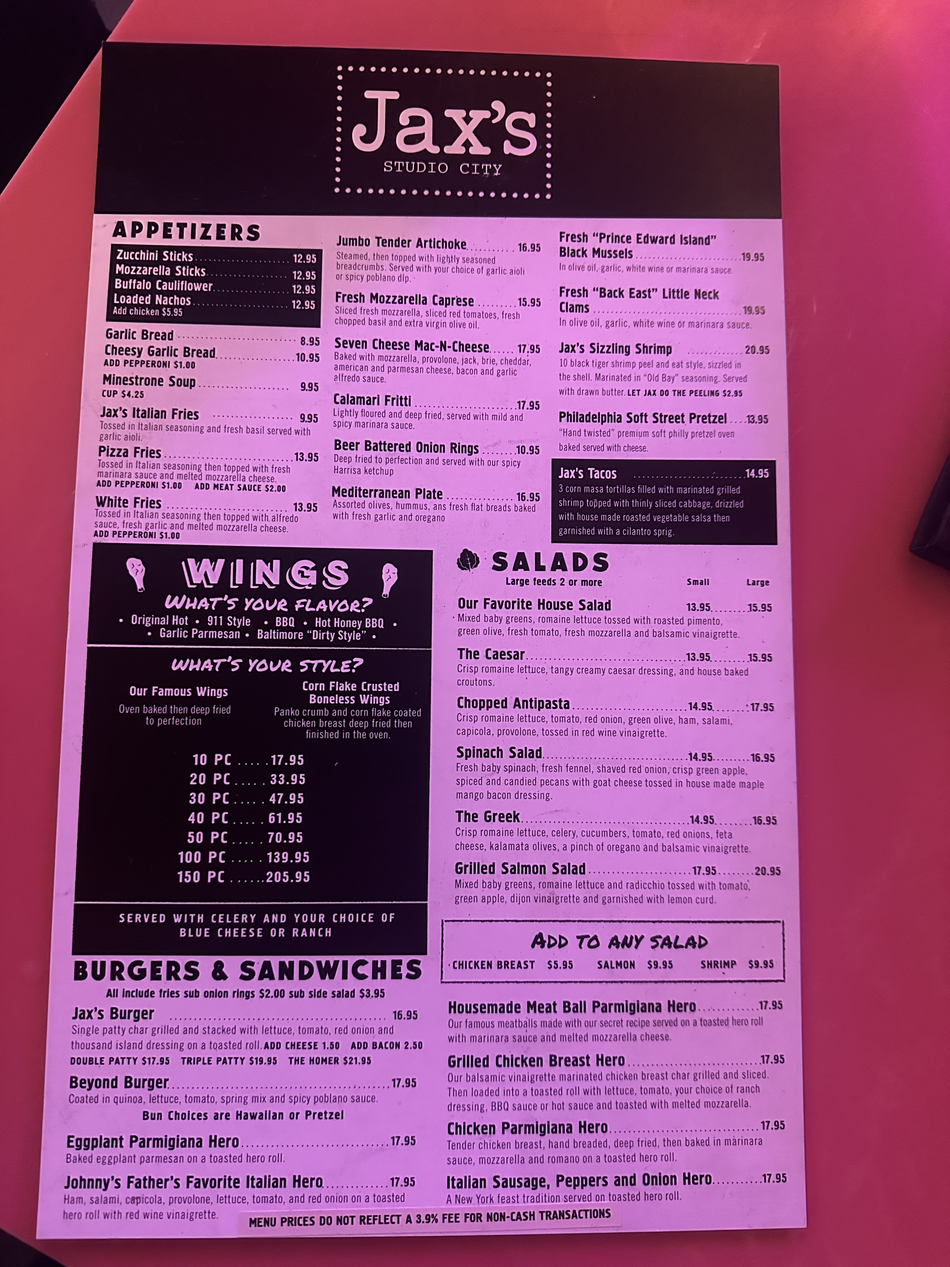 Menu from Jack&#x27;s Studio City featuring appetizers, wings, salads, burgers, sandwiches, and specialty items