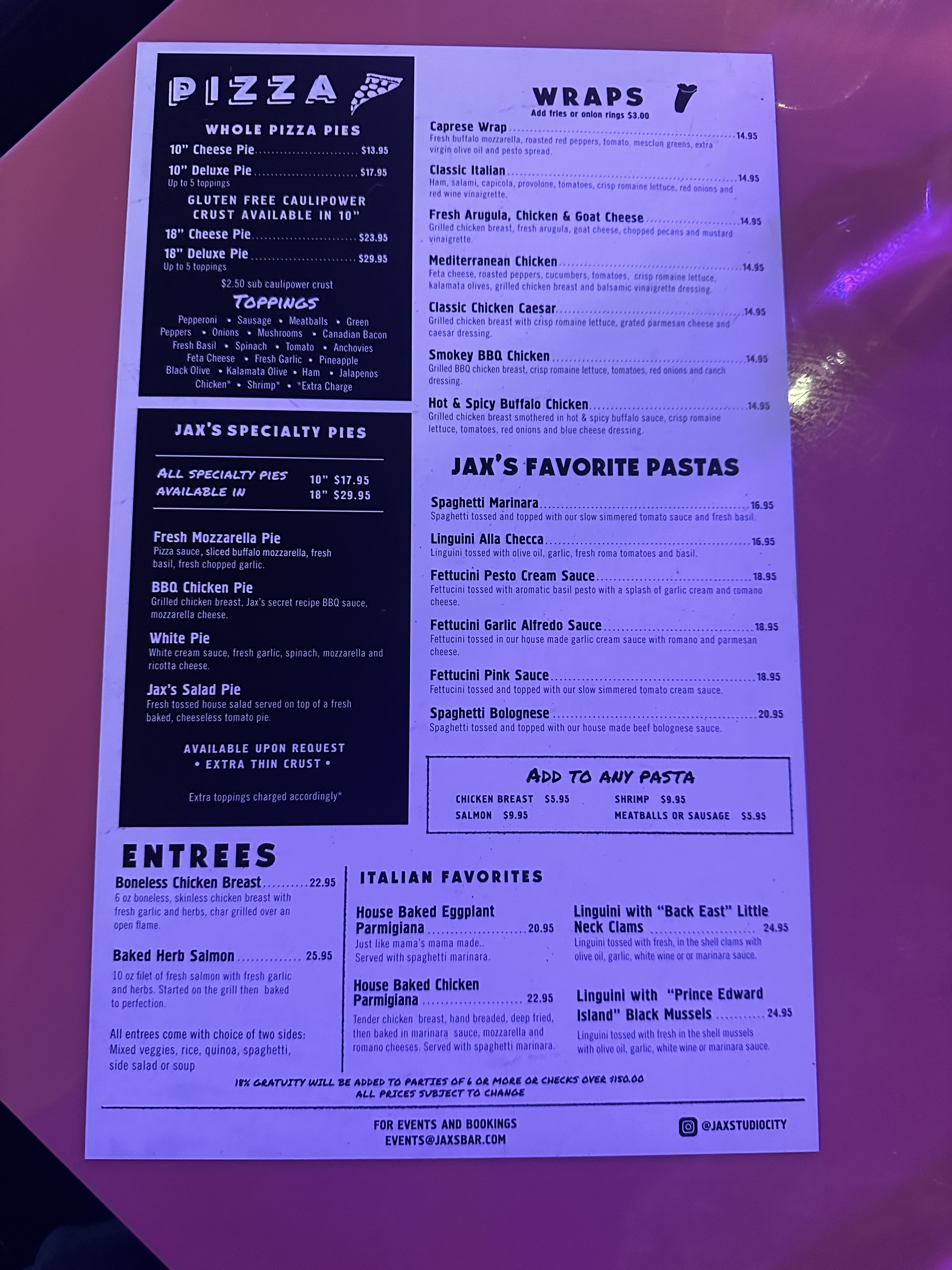 Menu from a restaurant featuring various dishes such as pizza, entrees, and Jay&#x27;s favorite pastas
