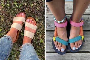 Two pairs of feet in sandals, left with simple straps, right with colorful bands