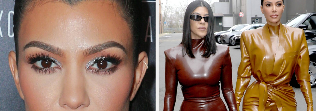 A closeup of Kourtney Kardashian vs Kourtney and Kim Kardashian walking together