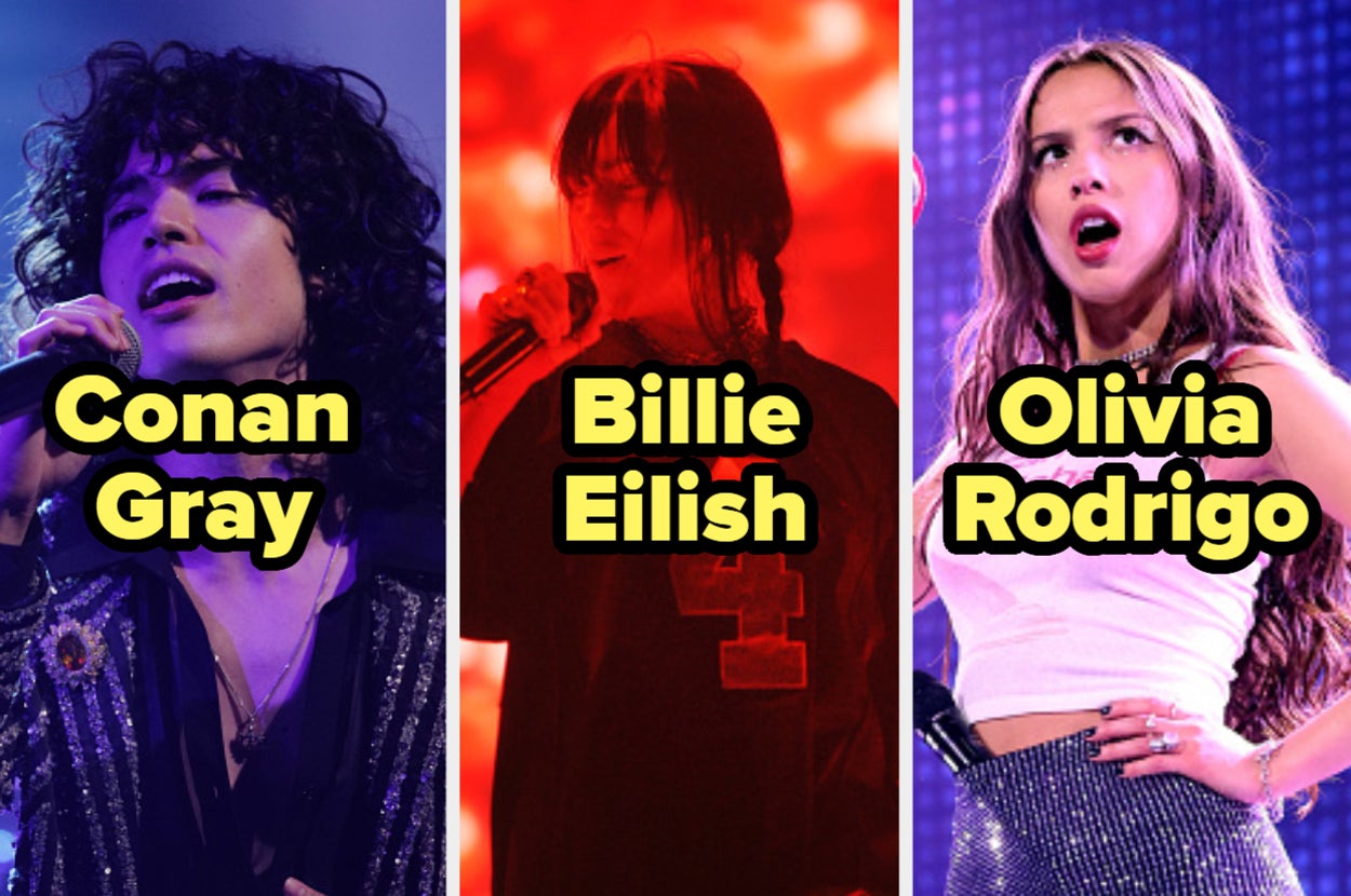 Fotomontaje de Conan Gray, Billie Eilish y Olivia Rodrigo en concierto