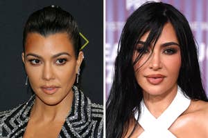 A closeup of Kourtney Kardashian vs a closeup of Kim Kardashian