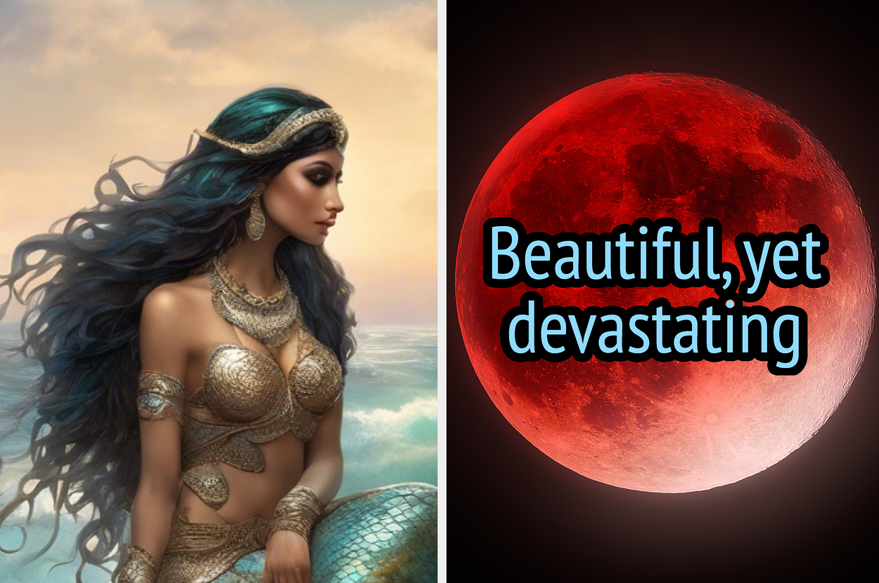 Left: Illustration of a mermaid with intricate jewelry. Right: Text “Beautiful, yet devastating” on a red moon background