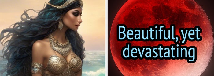 Left: Illustration of a mermaid with intricate jewelry. Right: Text “Beautiful, yet devastating” on a red moon background