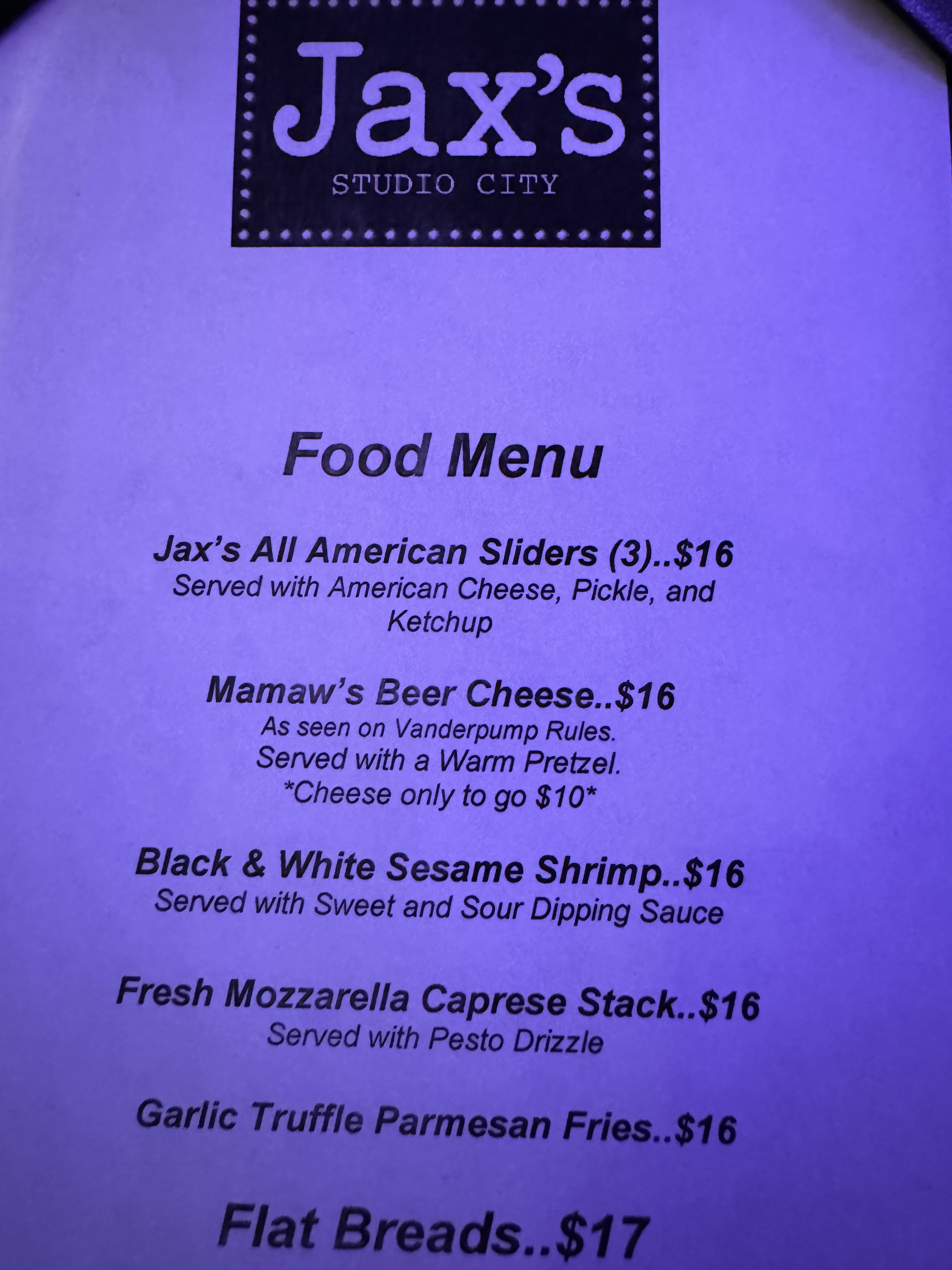 Menu featuring appetizers like Jax&#x27;s American Sliders, Black &amp;amp; White Sesame Shrimp, and Garlic Truffle Pretzel Sticks at Jax&#x27;s