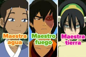 Personajes animados de "Avatar: La leyenda de Aang": Katara, Zuko y Toph con títulos "Maestra agua", "Maestro fuego" y "Maestra tierra"