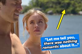 sydney sweeney in movie looking at man with text saying "there was nothing romantic about it"