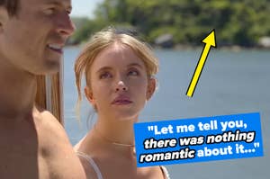 sydney sweeney in movie looking at man with text saying "there was nothing romantic about it"