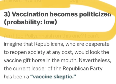 The image shows a highlighted text excerpt discussing the politicization of vaccination with a skeptical stance