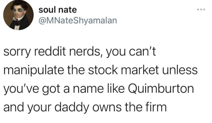Tweet by soul nate mocking the idea that only people with quirky names and connections can manipulate the stock market