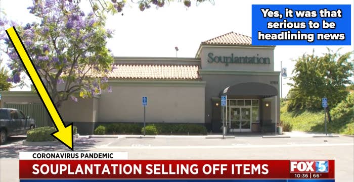 Exterior of a closed Souplantation restaurant with news ticker about it selling off items