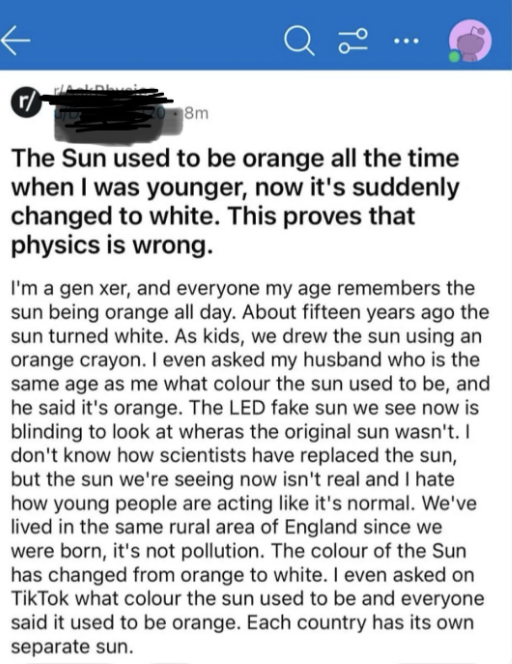 Image contains a text post discussing how the Sun was once perceived as orange and argues that it has been replaced with a different sun