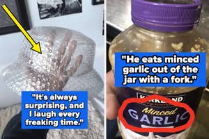 A hand with minced garlic on it; a minced garlic jar with text about someone eating directly from it