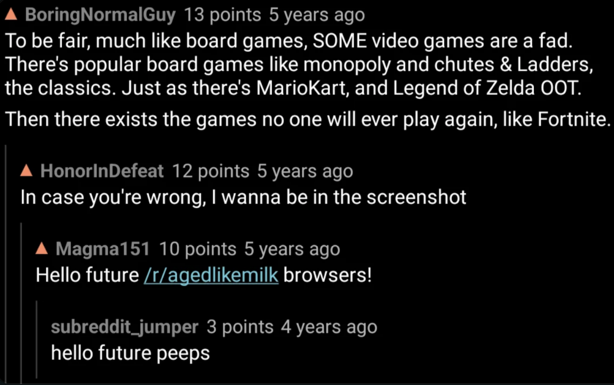 Reddit screenshot: Users discuss the longevity of various video games, comparing classics to newer games like Fortnite