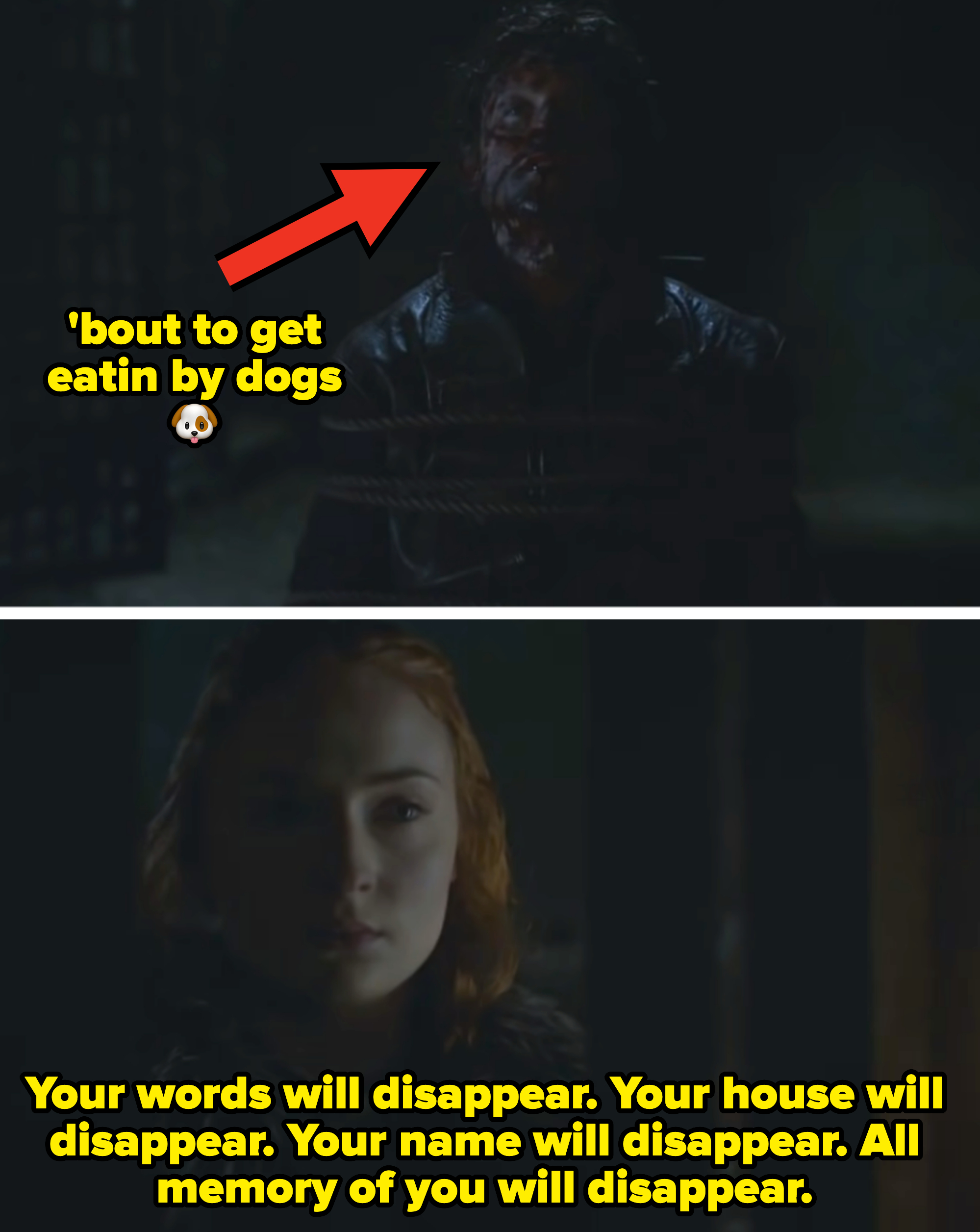 Two characters from the TV show Game of Thrones; one male looking weary in the upper panel, and one female with a solemn expression in the lower panel