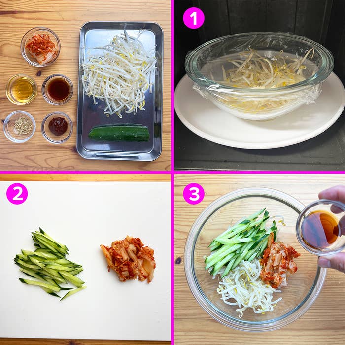 料理の手順が4つの画像で示されています。キムチ、豆もやし、キュウリが特徴で、調味料を混ぜ合わせる様子が写っています。