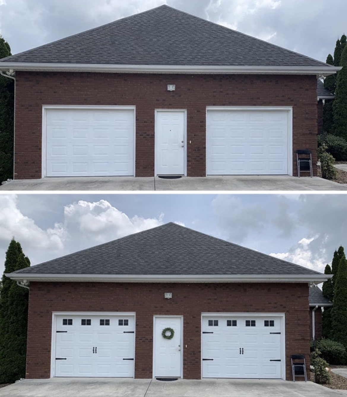 reviewer&#x27;s two garages before, just plain white, and after, with the faux hardware